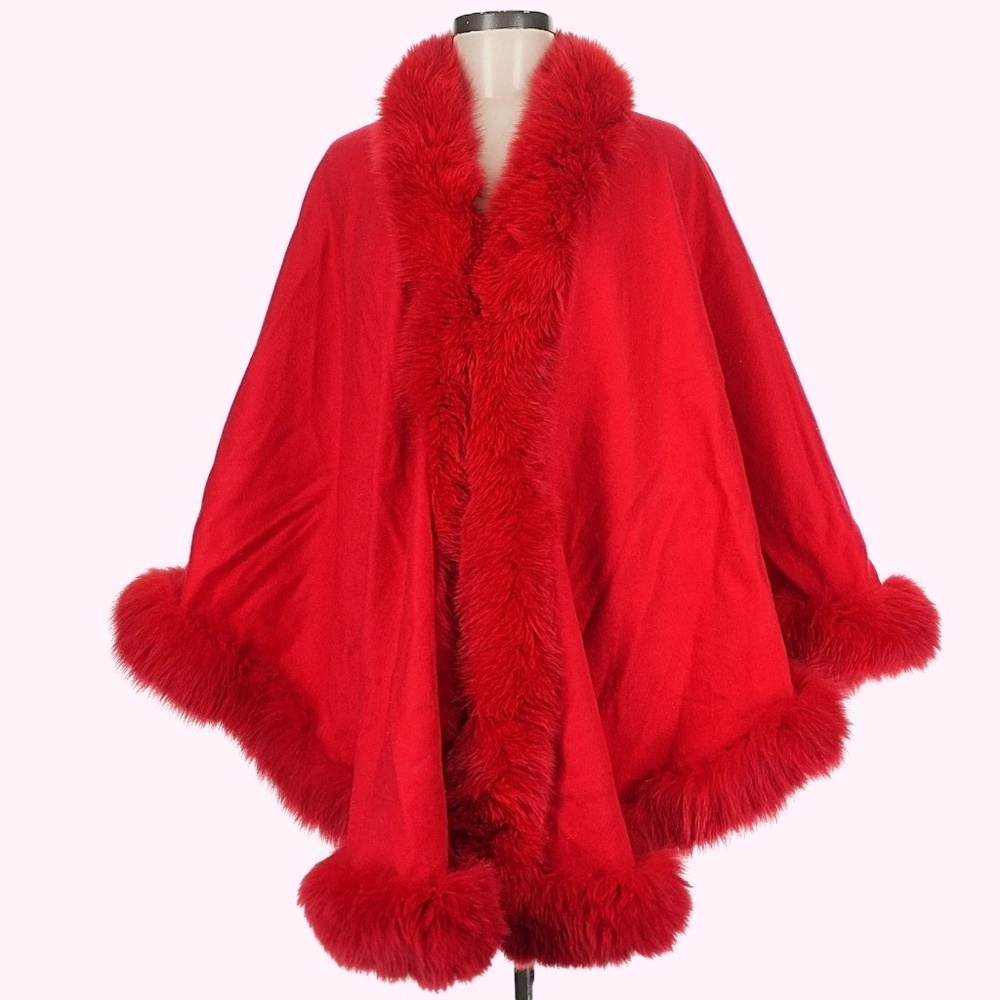 Gorski Red WOOL CAPE WITH SHADOW FOX TRIM NWT ONE SIZE